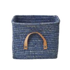 Blue Square Raffia Basket Leather Handles Rice DK